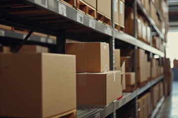Boxes are stacked on a shelf in a warehouse. Suitable for logistics, storage, or inventory concepts - obrazy, fototapety, plakaty