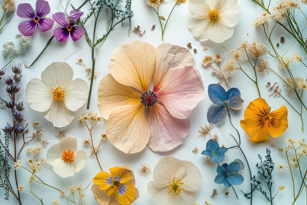 Poster A beautiful collection of different flowers arranged on a clean white surface. Perfect for adding a touch of nature and elegance to any project or design