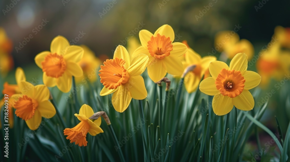 Poster a beautiful field of yellow daffodils with green stems. perfect for springtime themes and nature-rel