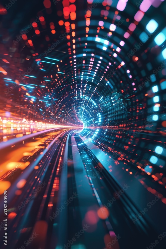 Poster a train is seen traveling through a tunnel illuminated by vibrant lights. this captivating image can