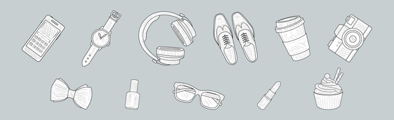 Personal Belonging and Stuff Hand Drawn Sketch Vector Set
