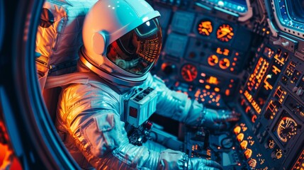 Astronaut Operating Spacecraft Control Panel - obrazy, fototapety, plakaty