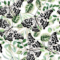 Green leaves, butterfly, white background. Floral illustration. Vector seamless pattern. Botanical design. Nature plants. Summer meadow