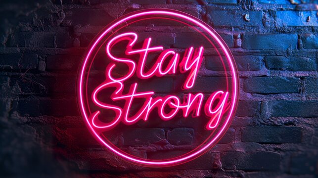 A bright neon sign with the word "Stay Strong" radiates an aura of perseverance and motivation. Vibrant light from the word "Stay Strong" sign conveying a powerful expression.