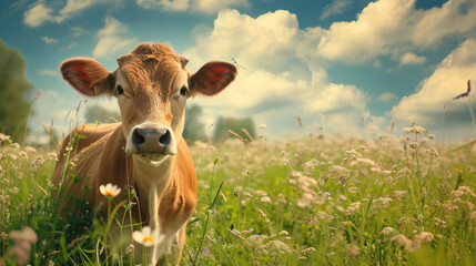 A beautiful cow on a meadow - obrazy, fototapety, plakaty
