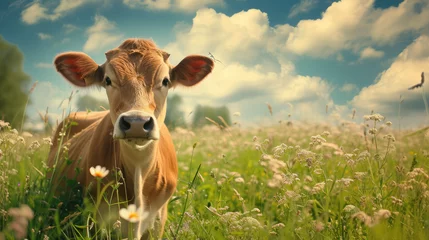 Fototapeten A beautiful cow on a meadow © Nikodem