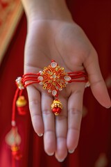 A close-up image of a woman's hand holding a red string bracelet. This versatile image can be used to represent connection, friendship, love, or protection.