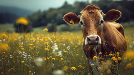 A beautiful cow on a meadow - obrazy, fototapety, plakaty