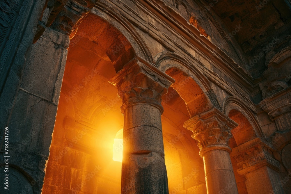 Poster a beam of light shines through a window in a building. perfect for depicting hope, new beginnings, o