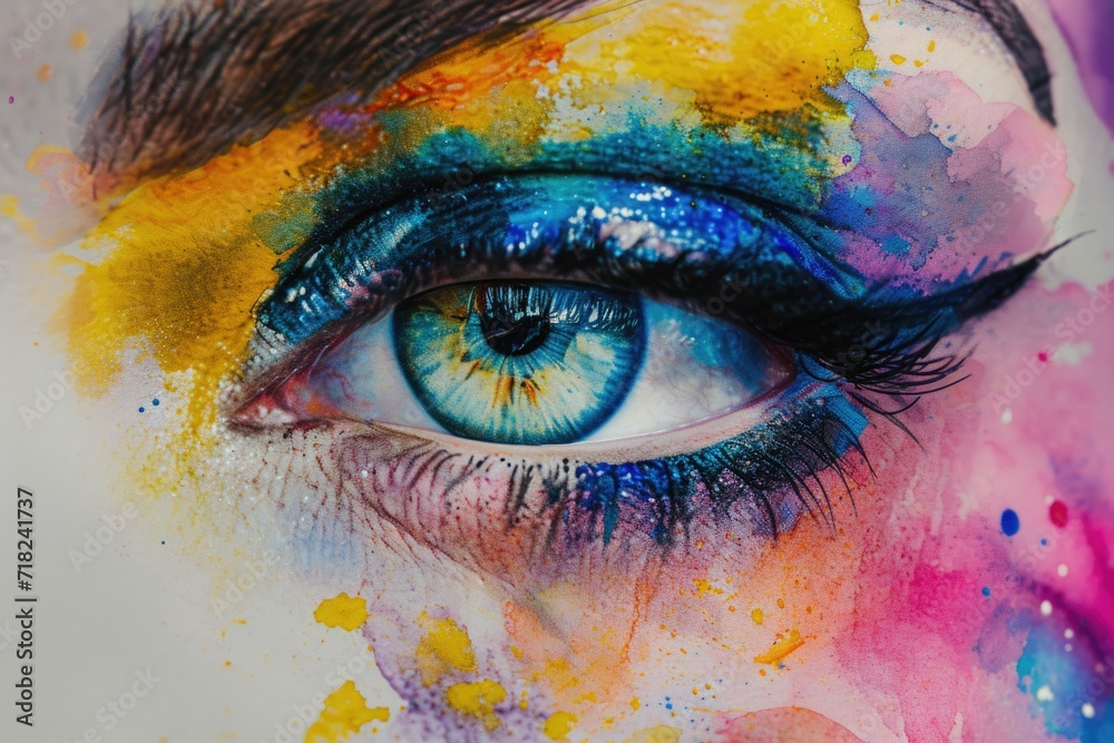 Poster a close-up view of a person's eye with colorful paint on it. this image can be used to represent cre
