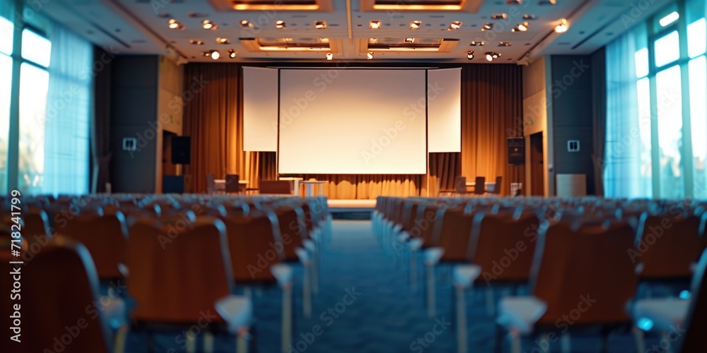 Aufkleber A spacious conference room with a large projector screen and rows of comfortable chairs. Perfect for presentations, meetings, and seminars