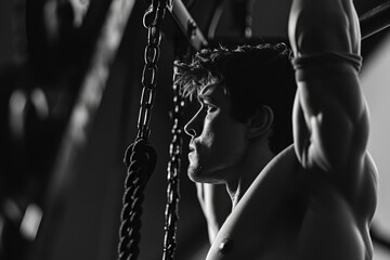 A shirtless man is shown hanging from a rope in a gym. This image can be used to depict fitness, strength training, or a challenging workout routine