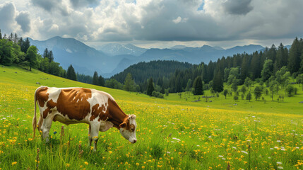 Fototapeta na wymiar A beautiful cow on a meadow in the mountains