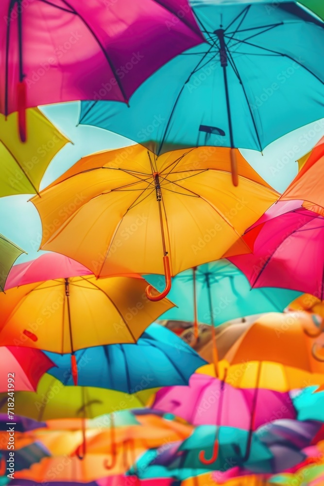 Poster colorful umbrellas hanging from the ceiling. versatile image suitable for various themes