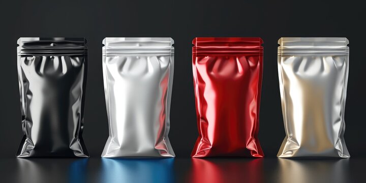 A row of metallic foil bags on a table. Can be used for packaging or storing various items