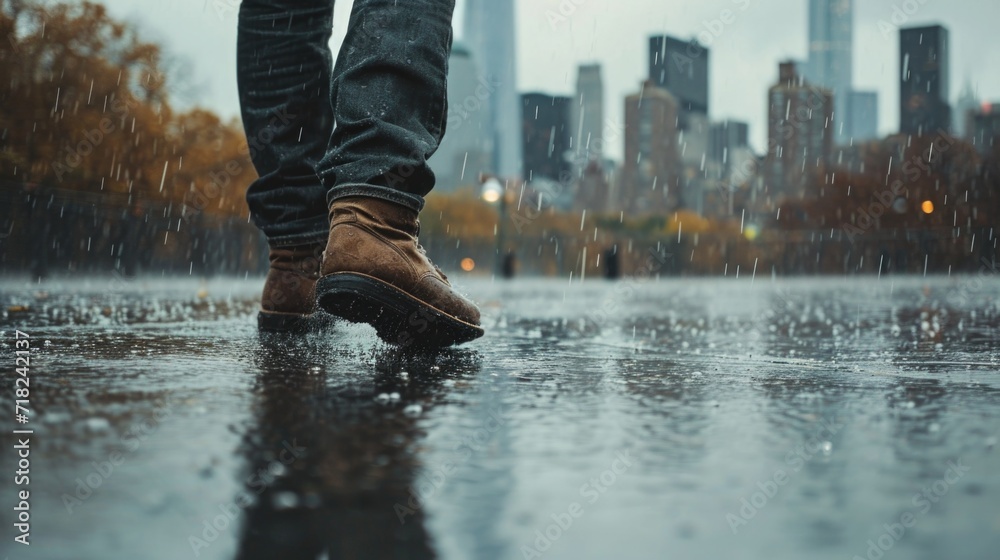 Poster a person walking in the rain with a city in the background. this image can be used to depict urban l