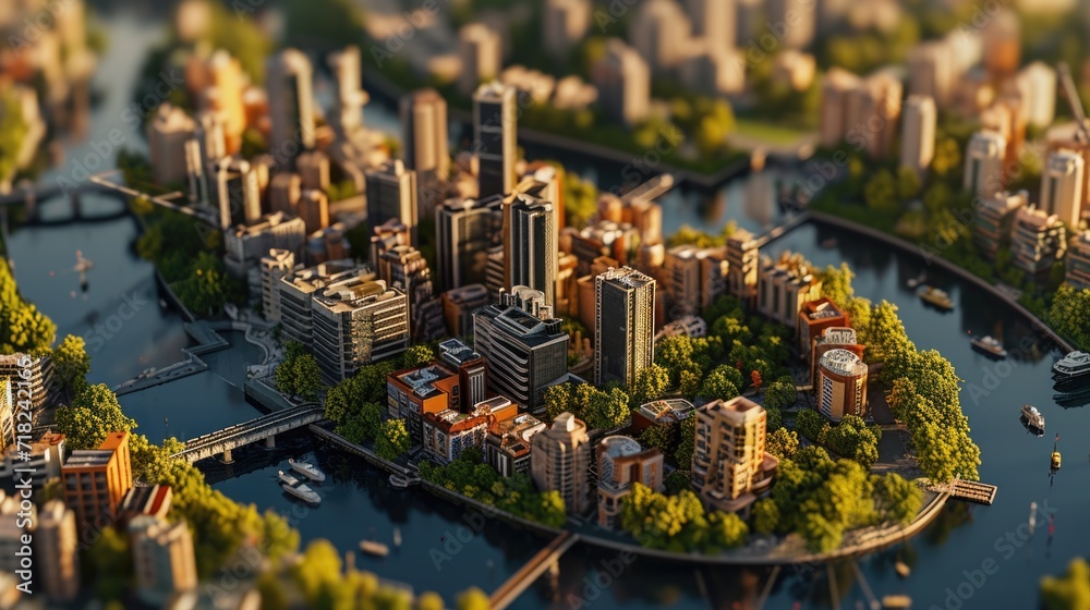 Poster a miniature model of a city with a river running through it. ideal for architectural and urban plann