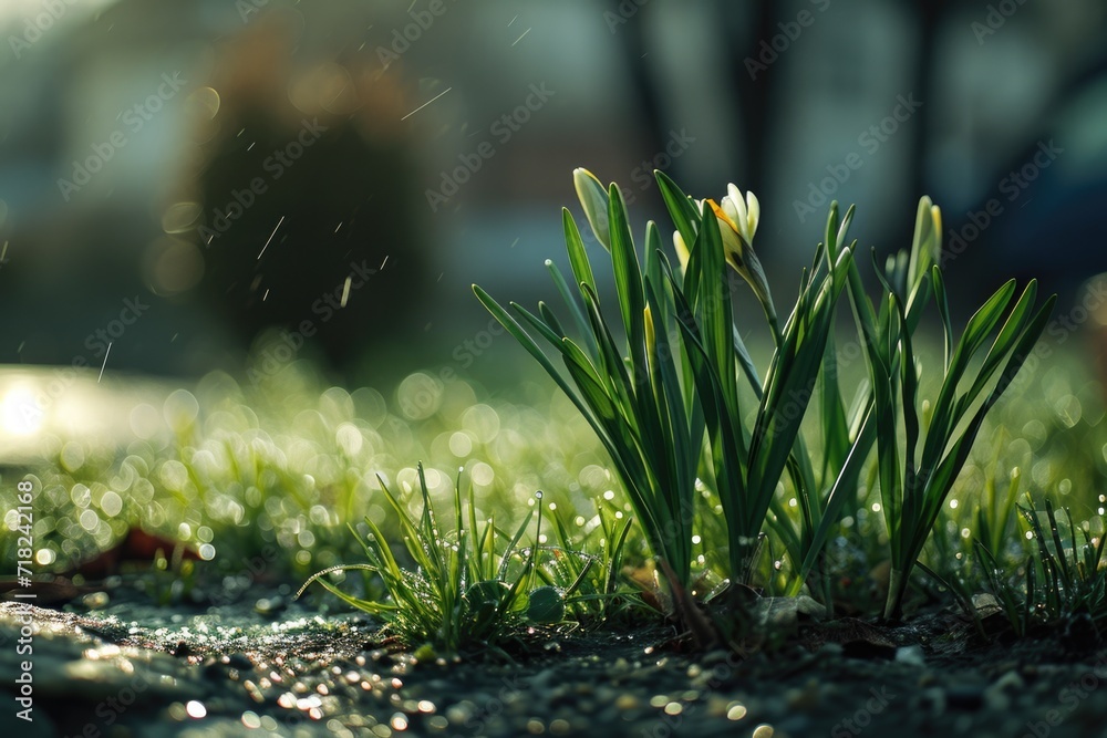Poster water droplets glisten on blades of grass in a close-up view. perfect for nature and macro photograp