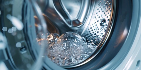 A detailed view of a washing machine with water inside. Suitable for illustrating household chores and domestic appliances