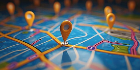 A close-up view of a map with pins marking specific locations. Ideal for travel and...