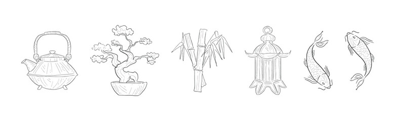 Hand Drawn Japanese Traditional Element and Symbols Vector Set
