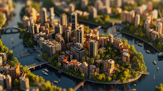 A miniature model of a city with a river running through it. Ideal for architectural and urban planning projects