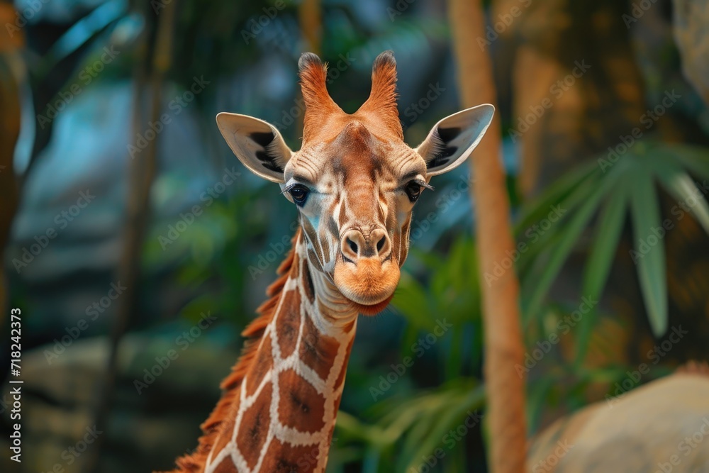 Aufkleber A close-up view of a giraffe's face with trees in the background. This image captures the unique features and expressions of the giraffe. Ideal for nature and wildlife-related projects