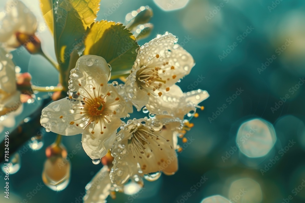Poster A detailed view of a flower with glistening water droplets. Perfect for nature enthusiasts and those in need of a refreshing image