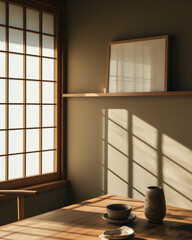 Fototapeta na wymiar Blank wooden poster frame mock up template, room interior in japan style with wooden table, window and gray walls. Play of light and shadow