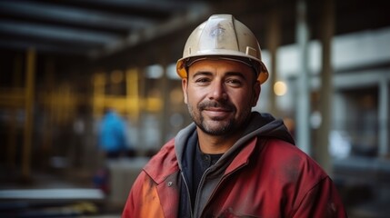The worker, adorned with a helmet, stands confidently in the foreground, engaging with the camera amidst the construction site.