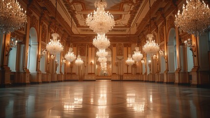 A grand room adorned with beautiful chandeliers, perfect for luxurious events or elegant interiors - obrazy, fototapety, plakaty