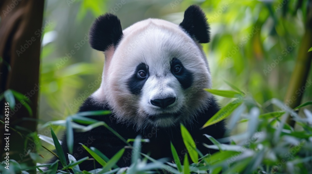 Poster close up of a panda bear sitting in the grass. suitable for various uses