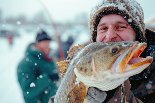 A man holding a fish in the snowy landscape. Perfect for winter fishing enthusiasts or outdoor adventure promotions