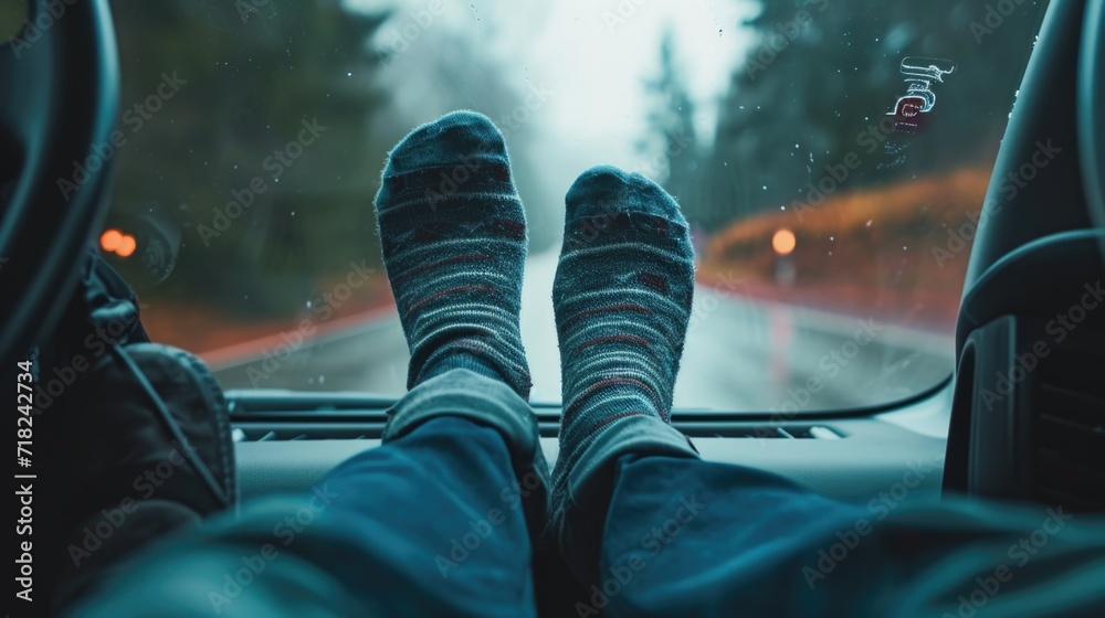 Poster a close-up view of a person's feet resting in the front seat of a car. this image can be used to dep