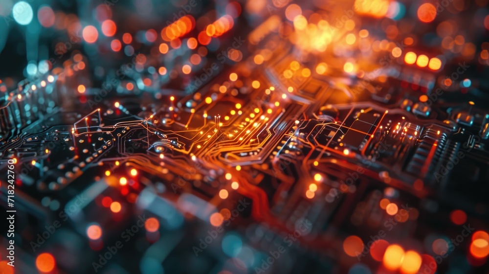 Poster a detailed view of an electronic circuit board. suitable for technology-related projects