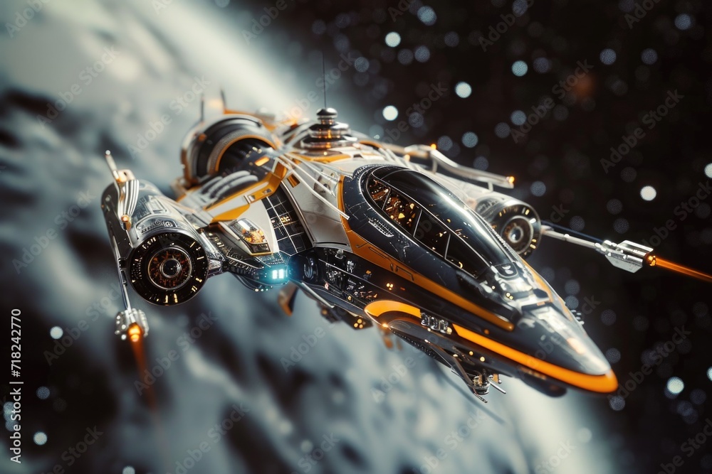 Poster A sci-fi spaceship soaring through the sky above a distant planet. Perfect for futuristic and space exploration concepts