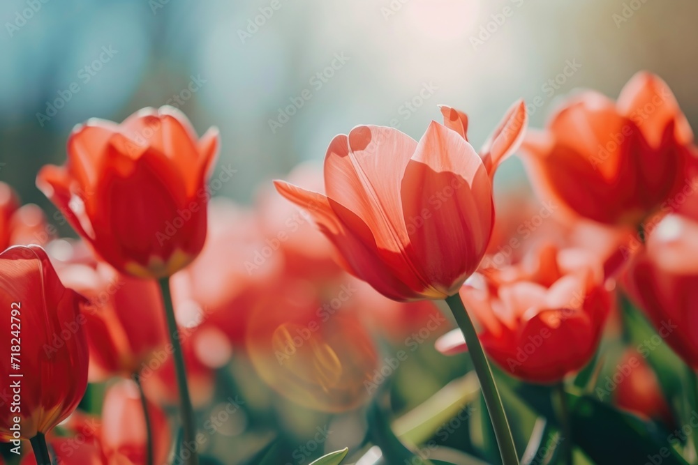 Poster a vibrant field of red tulips illuminated by the sun. ideal for springtime themes and nature-inspire