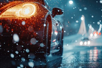 A car is seen driving down a snowy street at night. This image can be used to depict winter driving conditions or a serene winter night scene