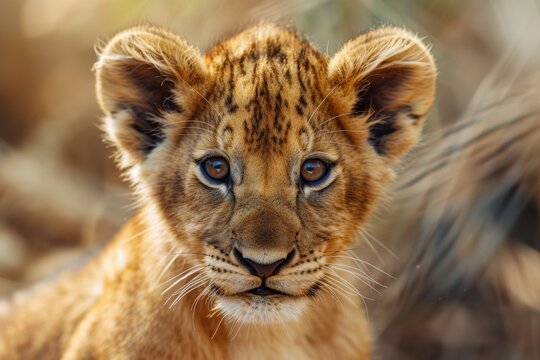 A close up shot of a small lion cub. Perfect for wildlife enthusiasts or animal lovers
