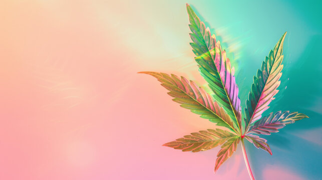 Cannabis indica leaf illuminated by a kaleidoscopic rainbow reflection. 4:20 day, cannabis liberalization and legalization concept. Growing medical marijuana.