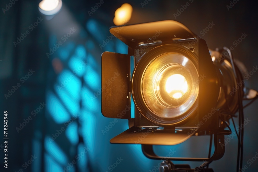 Poster a detailed close-up shot of a light mounted on a tripod. this image can be used to showcase lighting