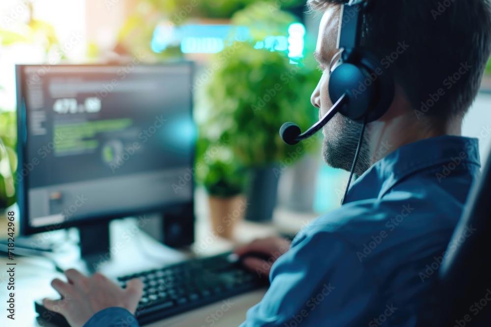Poster A man sitting in front of a computer wearing a headset