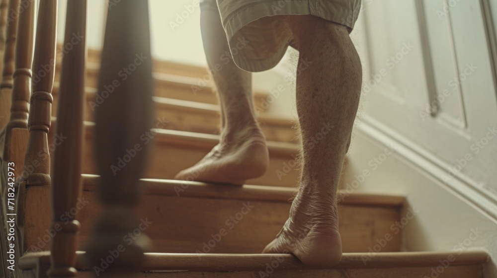 Poster A man is shown walking up a set of stairs. This image can be used to depict progress, determination, or overcoming obstacles