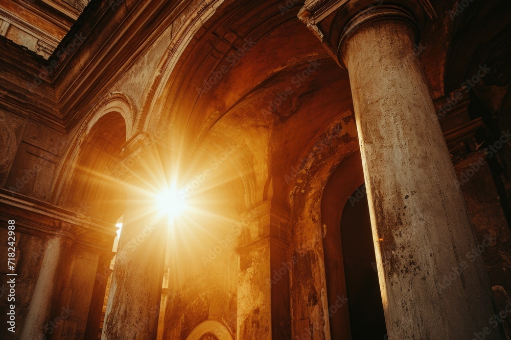 Poster Sunlight shining brightly through the columns of a building. Perfect for architectural designs and concepts