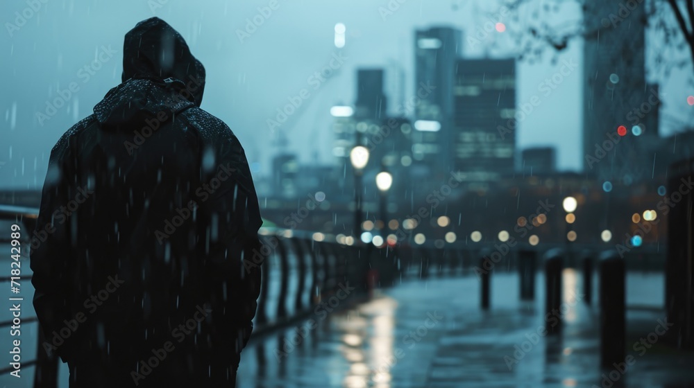 Poster a person standing in the rain with a city in the background. this image can be used to depict a rain