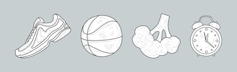 Fitness and Sport Lifestyle Hand Drawn Sketch Vector Set