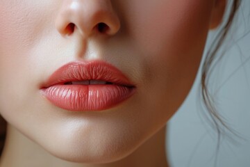 A close-up shot of a woman's face highlighting her pink lipstick. This image can be used to showcase beauty, makeup, or fashion trends