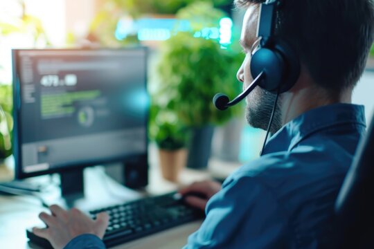 A man sitting in front of a computer wearing a headset