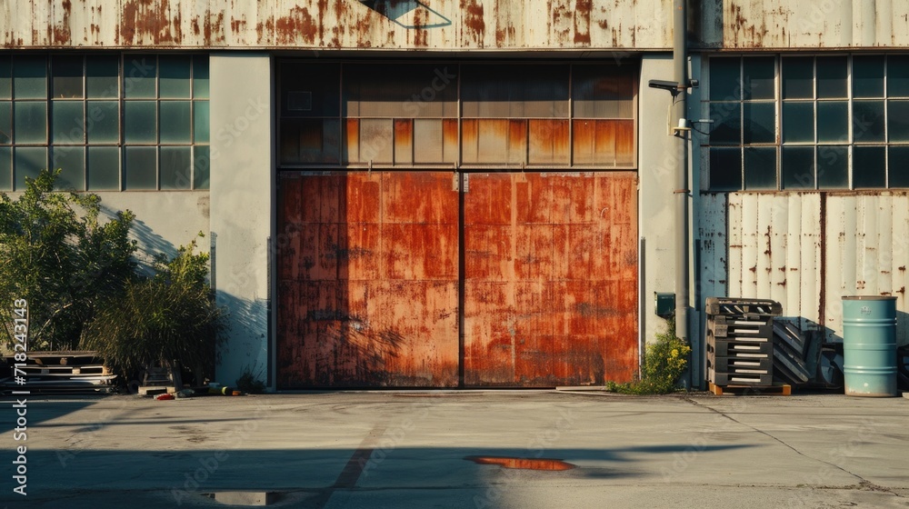 Aufkleber an old, weathered building with a vibrant red door and a clock displayed on the exterior. suitable f