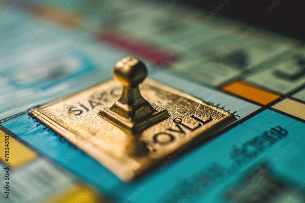 Aufkleber a close-up view of a monopoly board with a gold button. this image can be used to represent wealth, 